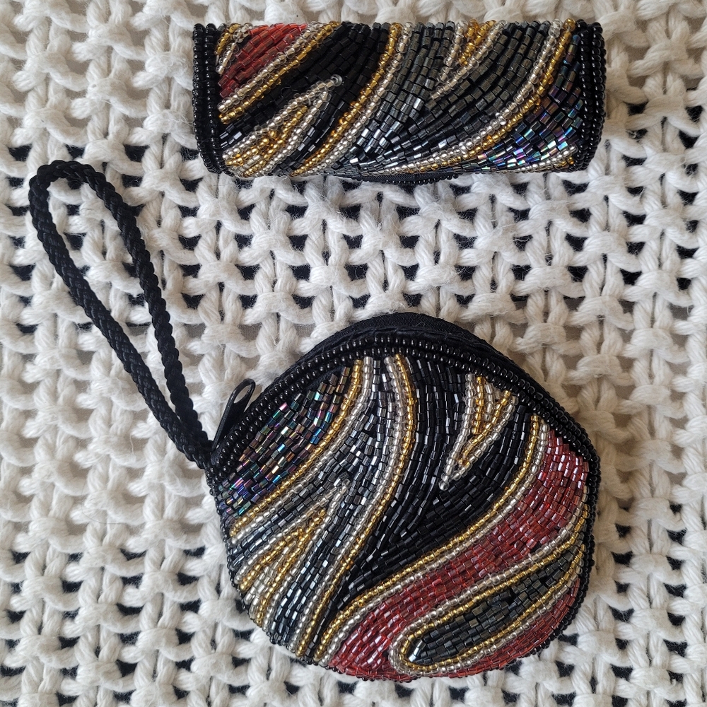 Vintage 80s Small Beaded Coin Purse/Pouch & Lipstick Case, Multicolor